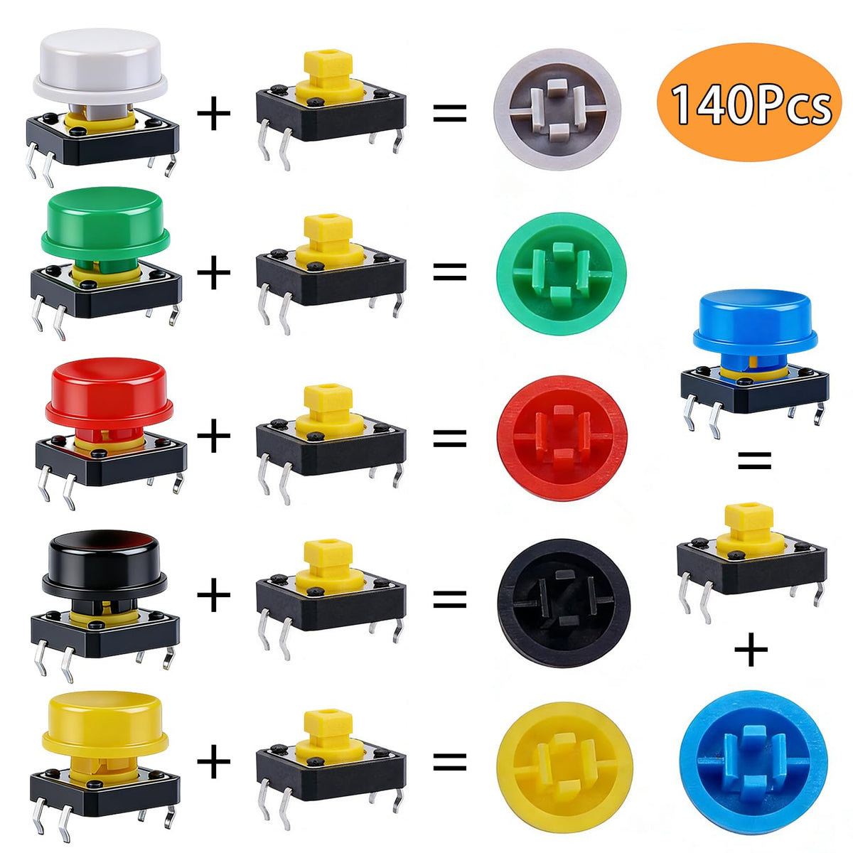 TWTADE/140PCS Micro Momentary Tactile Push Button Switch 4 Pin 12x12x7.3mm Tact Switch Assortment Kit with Switch Caps (70Sets)