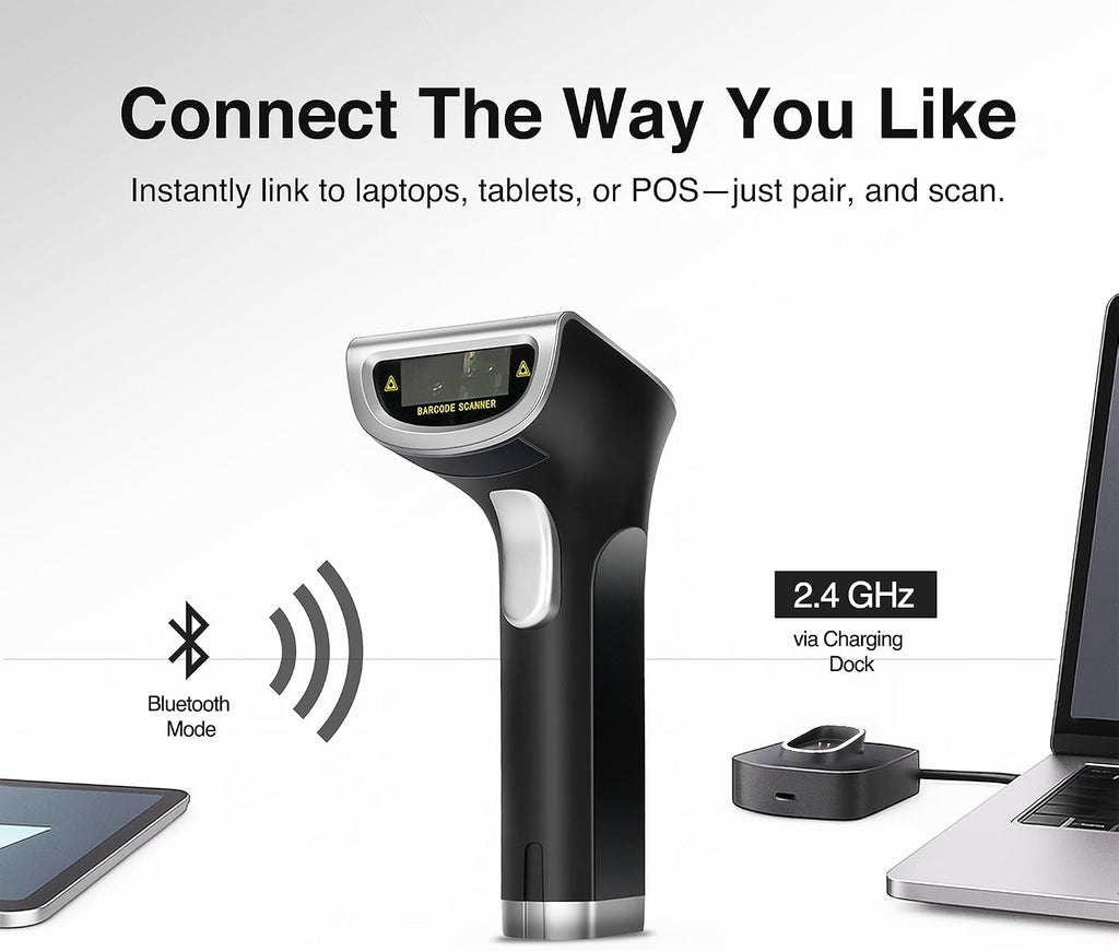 1D/2D Barcode Scanner Wireless – Boost Speed & Accuracy with Bluetooth Barcode Scanner & 2.4G Modes – Handheld QR &
