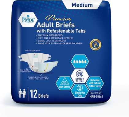 Adult Incontinence Briefs with Tabs,Absorbent,Medium,Bag of 12