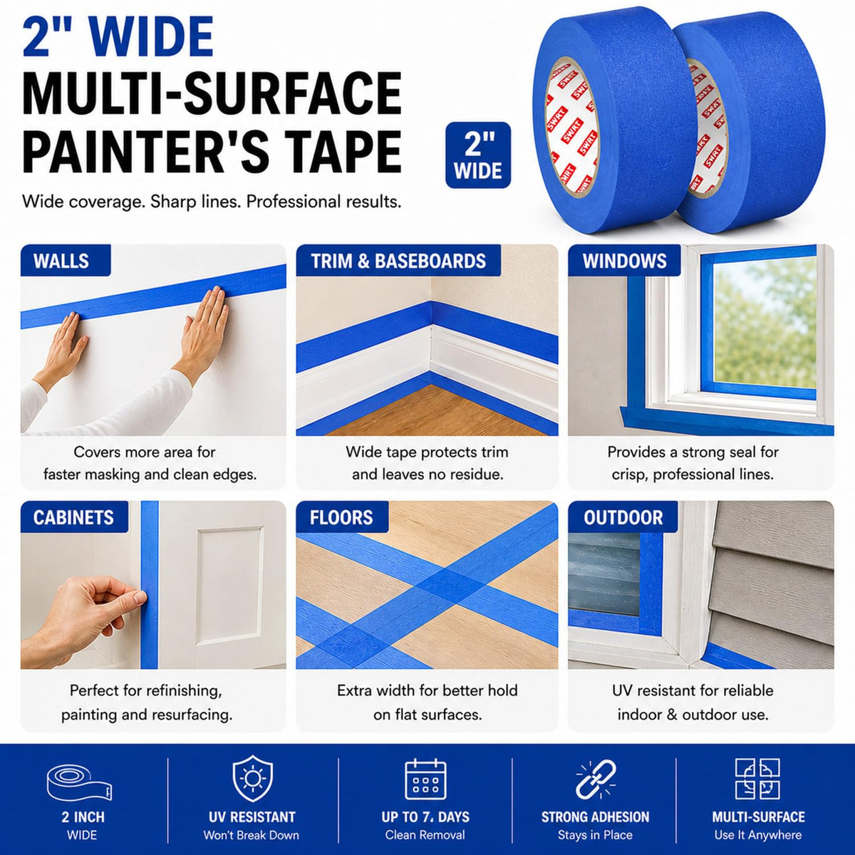 Blue Painters Tape 2 Inch Wide – 18 Rolls x 55 Yards (990 Total Yards), Clean Removal Masking Tape for Sharp Paint