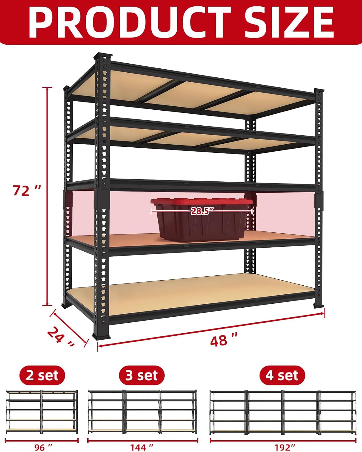 Heavy Duty Garage Storage Shelves - 48" W X 24" D X 72" H Adjustable Metal Shelving Unit, 5 Tier Industrial Shelves