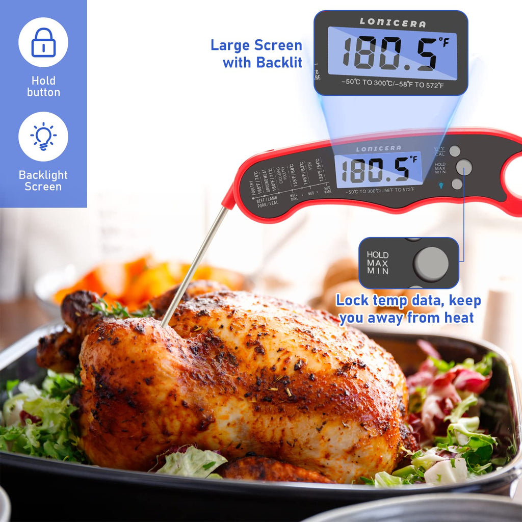 LONICERA Digital Meat Thermometer, 1-2s Instant Read, Foldable Probe, Red