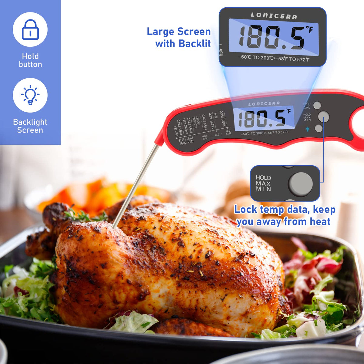 LONICERA Digital Meat Thermometer, 1-2s Instant Read, Foldable Probe, Red