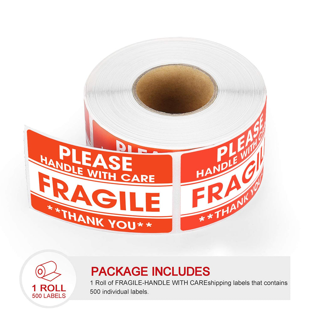 2"x 3" Fragile Stickers 500 Labels Per Roll Strong Adhesive (Handle with Care,Do Not Drop,Thank You) Labels for