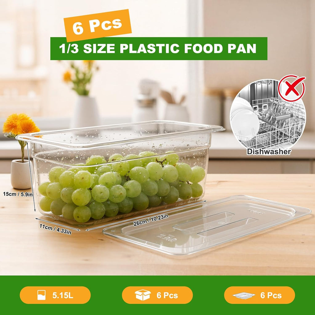 6-Pack 1/3 Size 6''Deep NSF Polycarbonate Food Pans with Lids