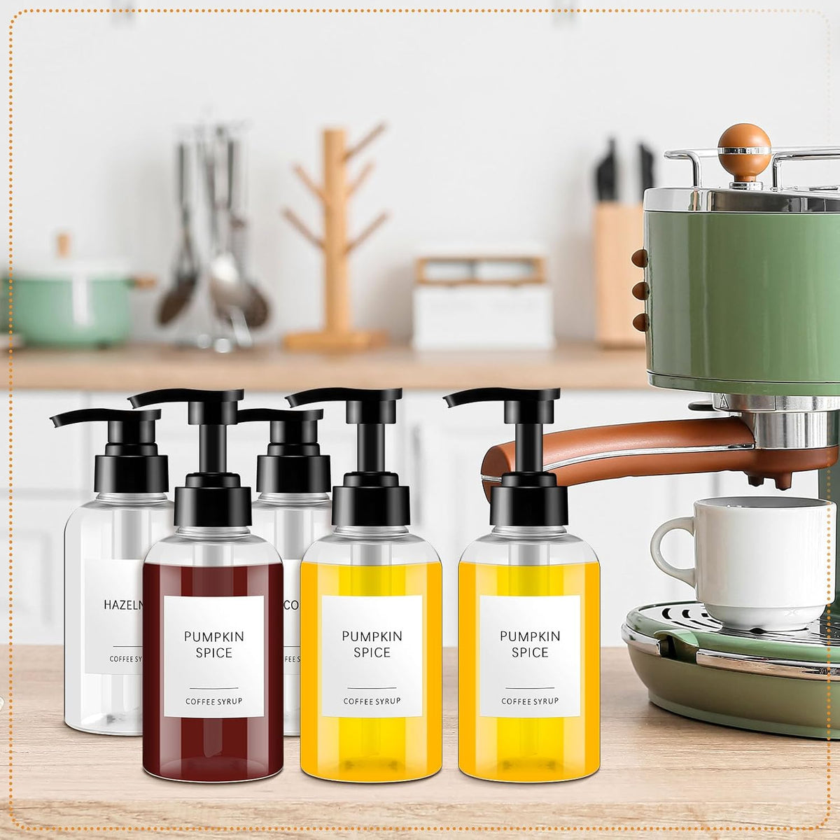 12 Pcs Coffee Syrup Dispenser Bottle with Pump Drink Syrup Container with Labels for Kitchen Restaurant Coffee Bar