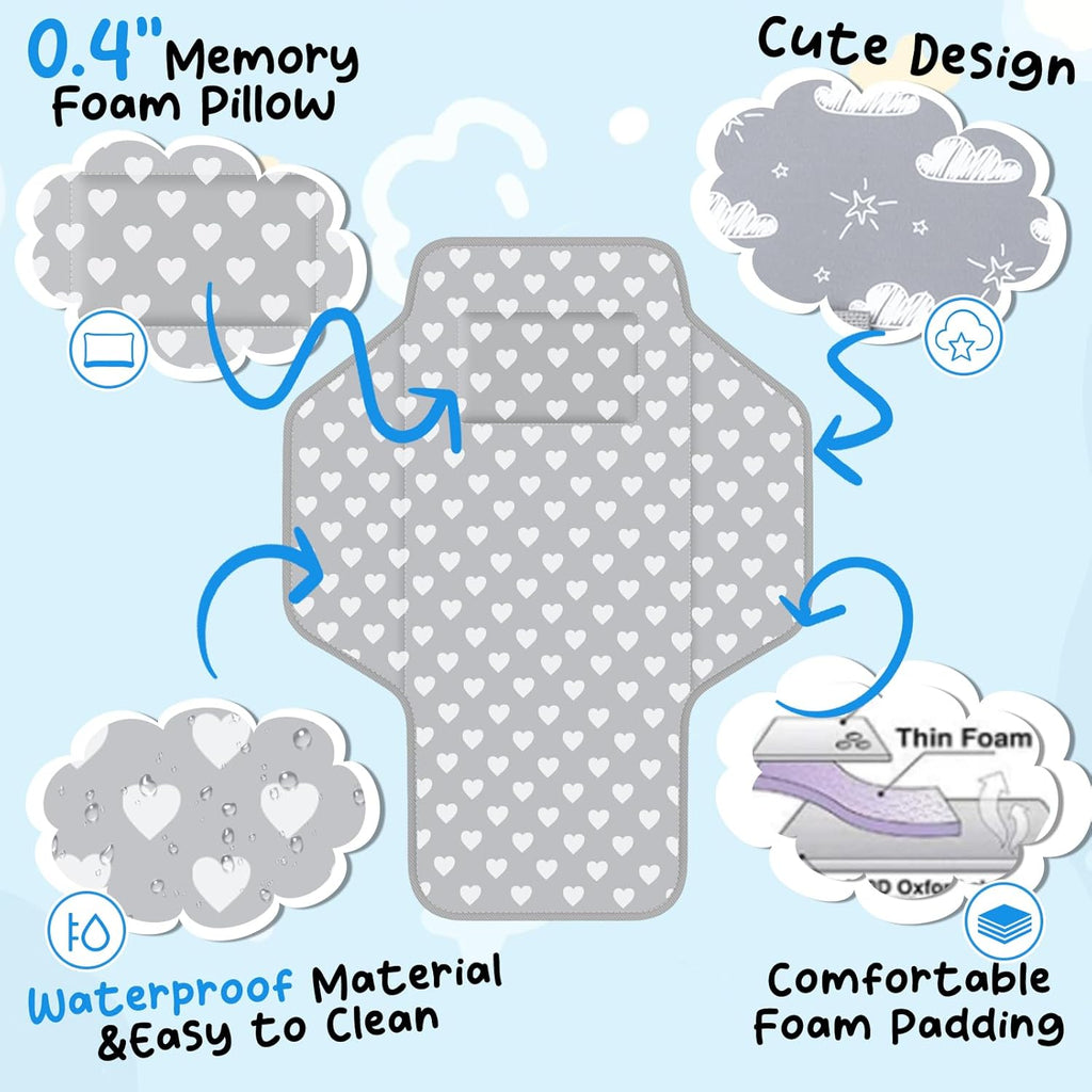 Baby Portable Changing Pad Travel - Waterproof Compact Diaper Changing Mat with Built-in Pillow - Lightweight &