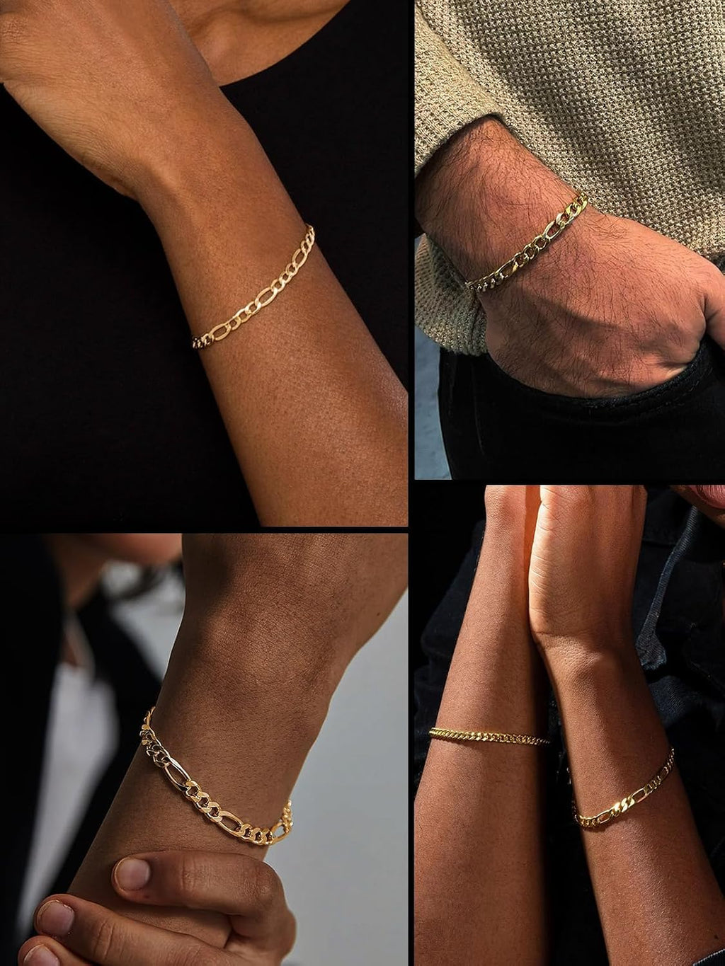 Figaro Link Chain Bracelet for Men Stainless Steel Jewelry | Black/ Gold Bracelets Men, 6/9/13mm Figaro Cuabn