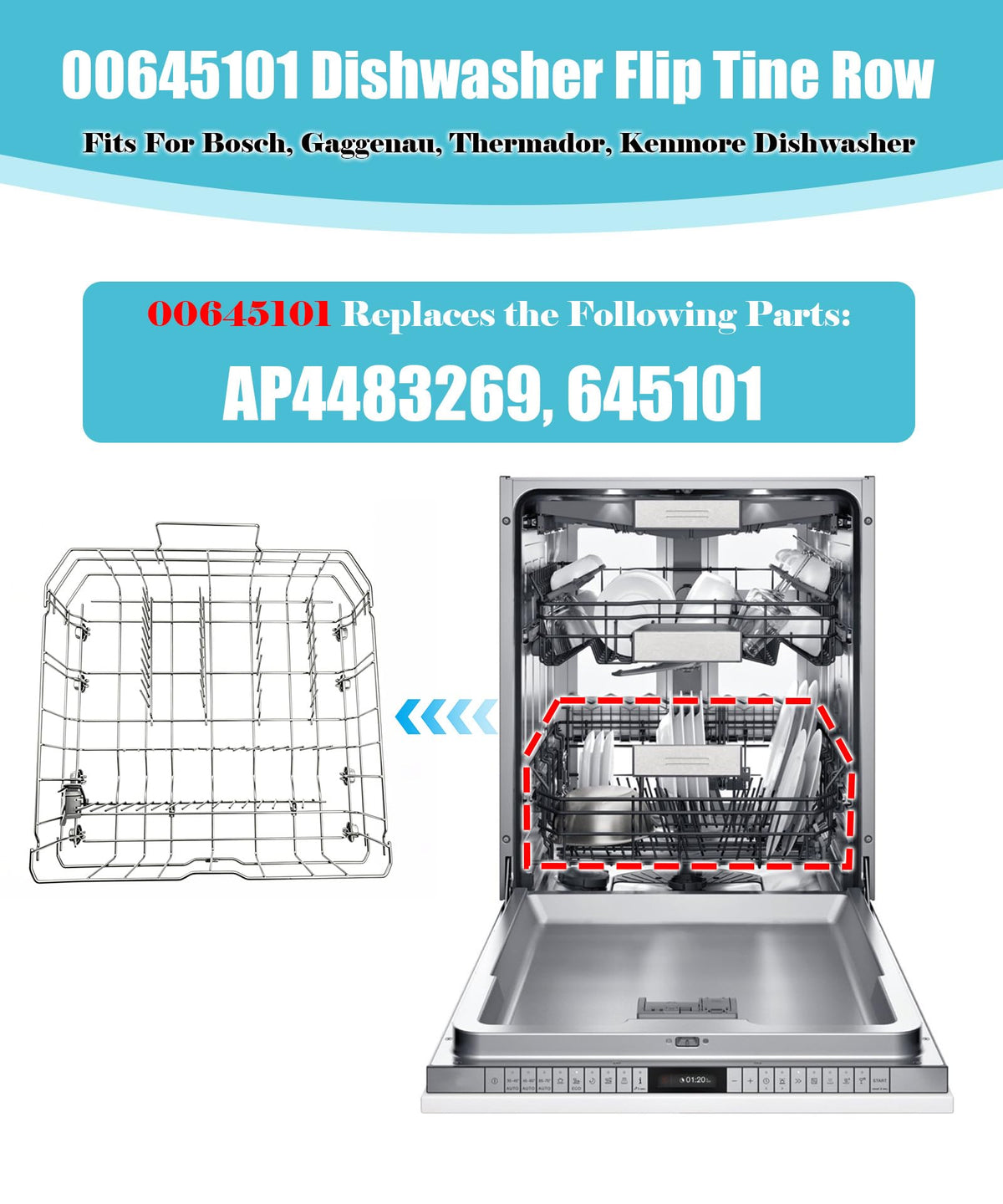 00645101 Dishwasher Flip Tine Row Compatible With Bosch Kenmore AP4483269