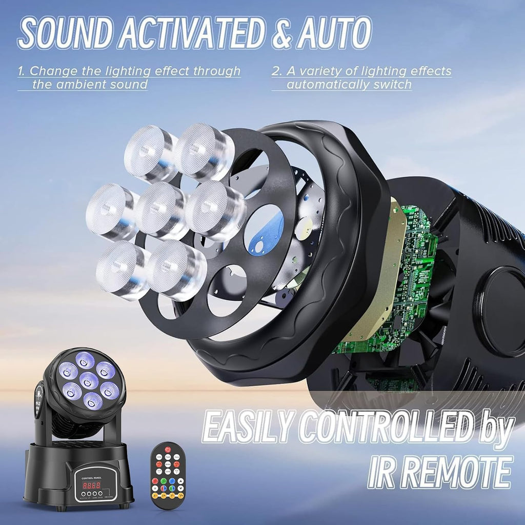 Moving Head Light RGBW Stage Lighting DJ Lights 7 x 10W LED Beam Spotlight 9/14 CH Wash Light with DMX and Sound