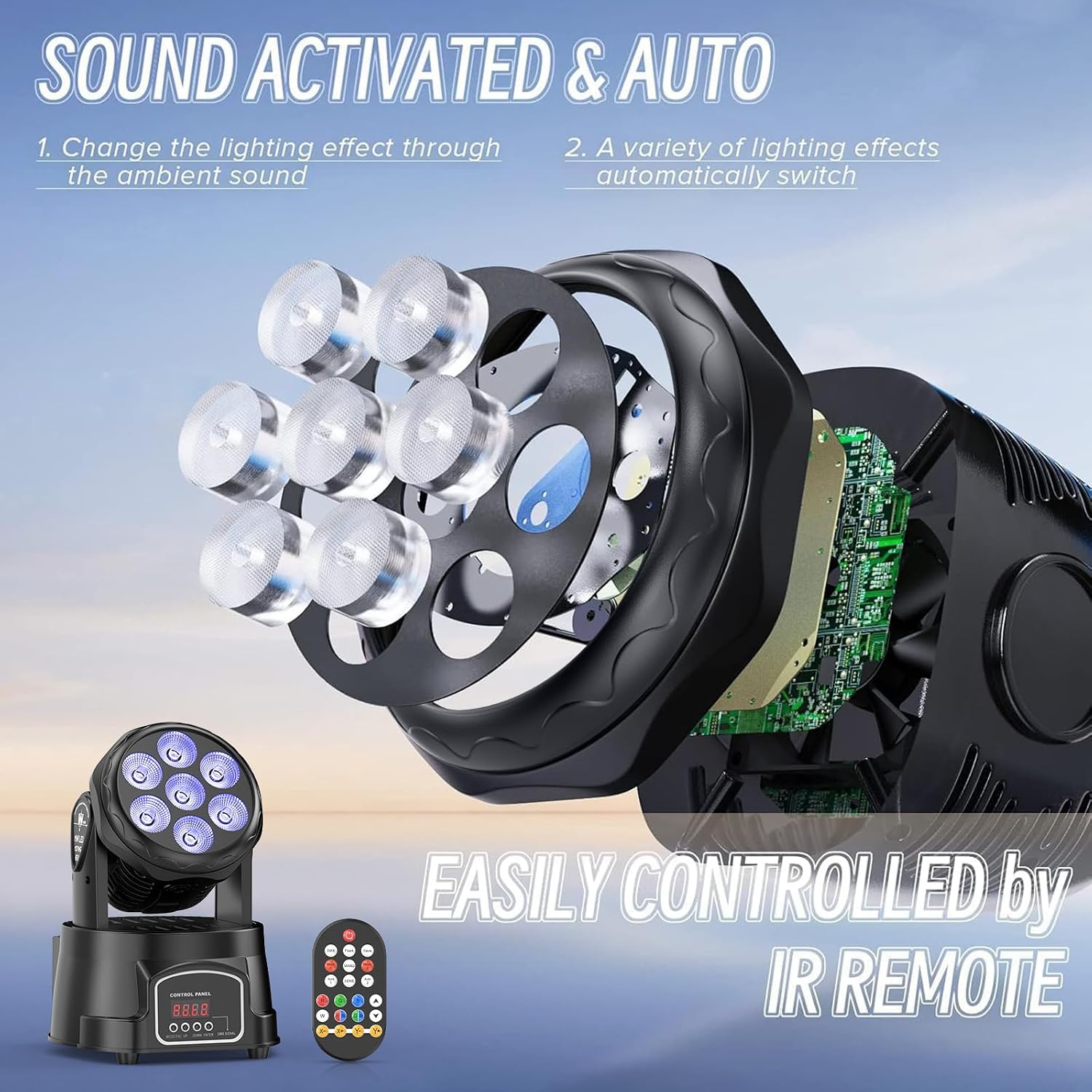 Moving Head Light RGBW Stage Lighting DJ Lights 7 x 10W LED Beam Spotlight 9/14 CH Wash Light with DMX and Sound