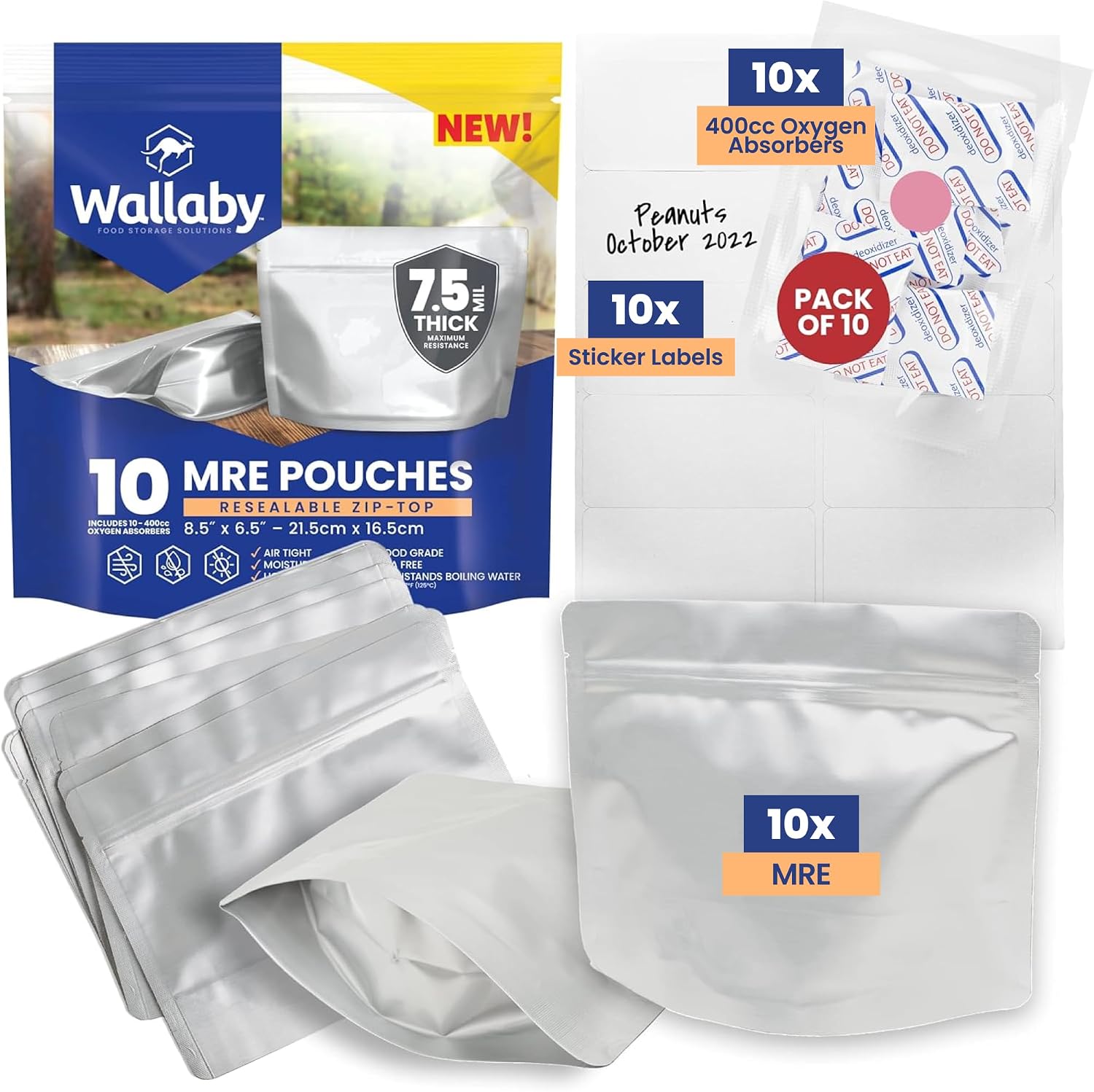 10 Count MRE Mylar Bags with 400cc Oxygen Absorbers, 15 Mil Total Thickness Long-Term Food Storage Pouches, 6.5x8.5