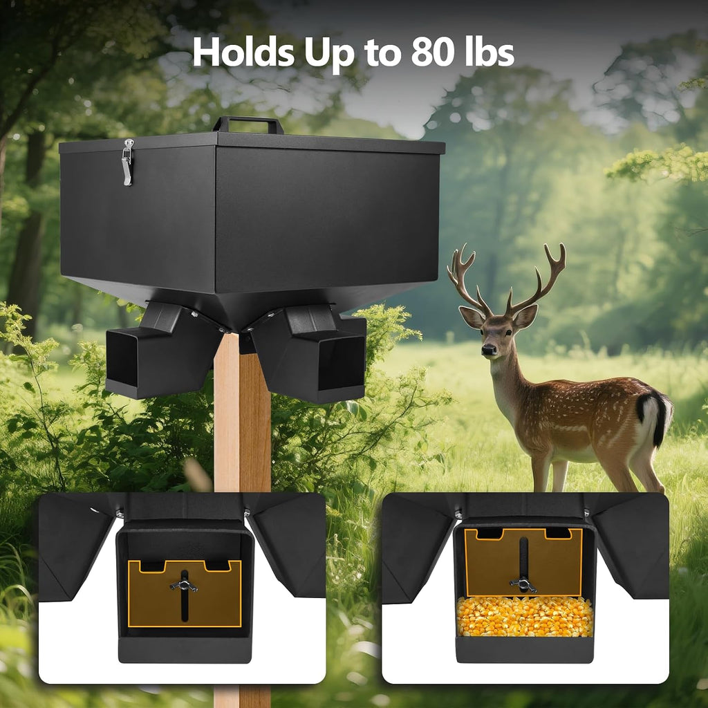 Portable 80LB Gravity Deer Feeder,Heavy Duty Metal Automatic Deer Feeder with 4 Feed Ports,Weatherproof for Wildlife