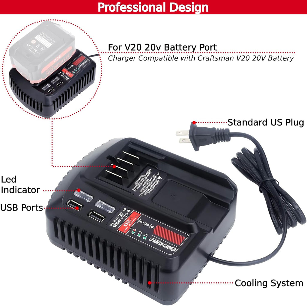 CMCB104 Fast Charger Compatible with Craftsman 20v V20 Lithium Battery