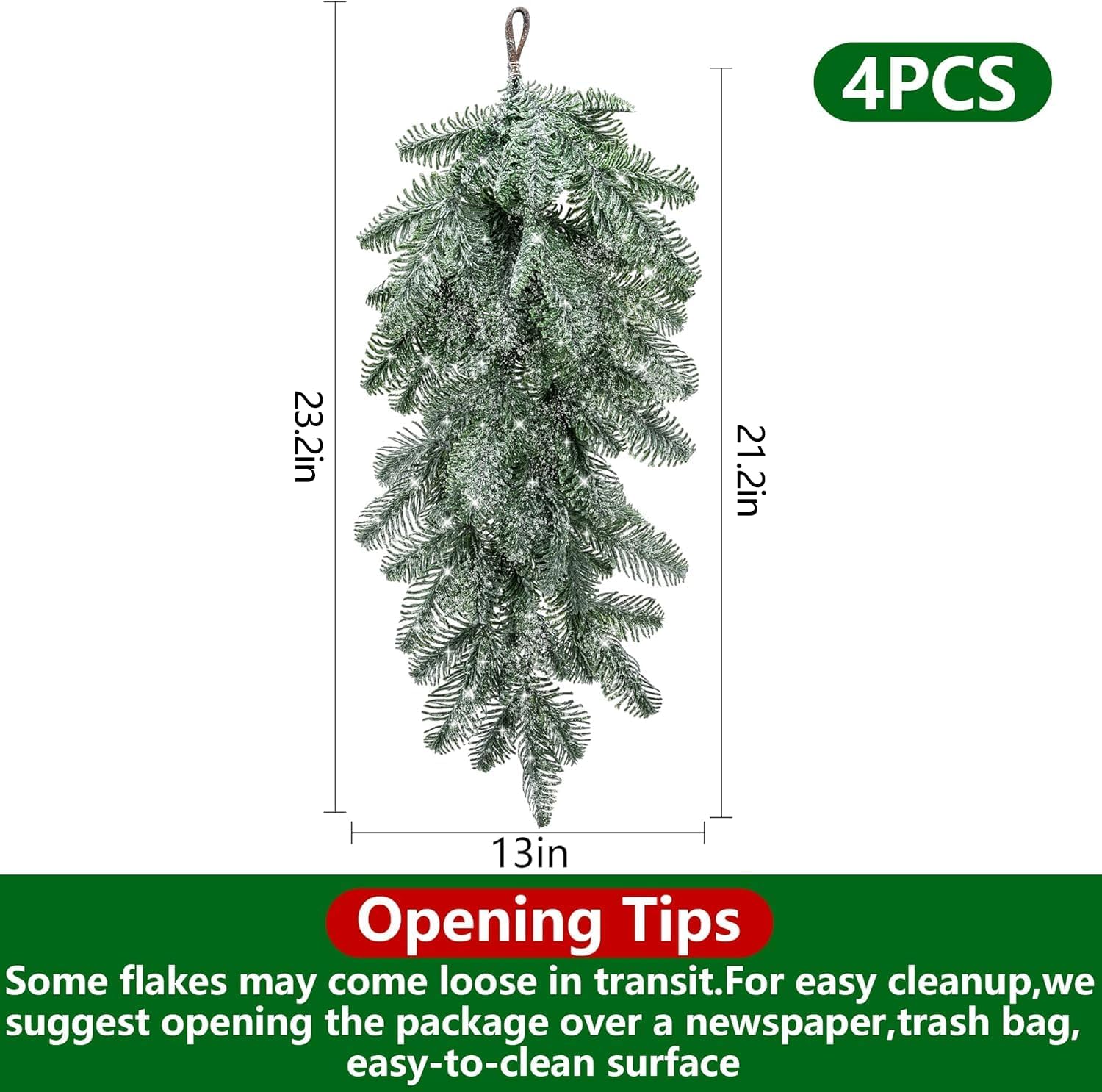 4 Pcs Artificial Christmas Snow Teardrop Swag, 23" Faux Snow Flocked Norfolk Pine Teardrop Door Swag, White Frosted