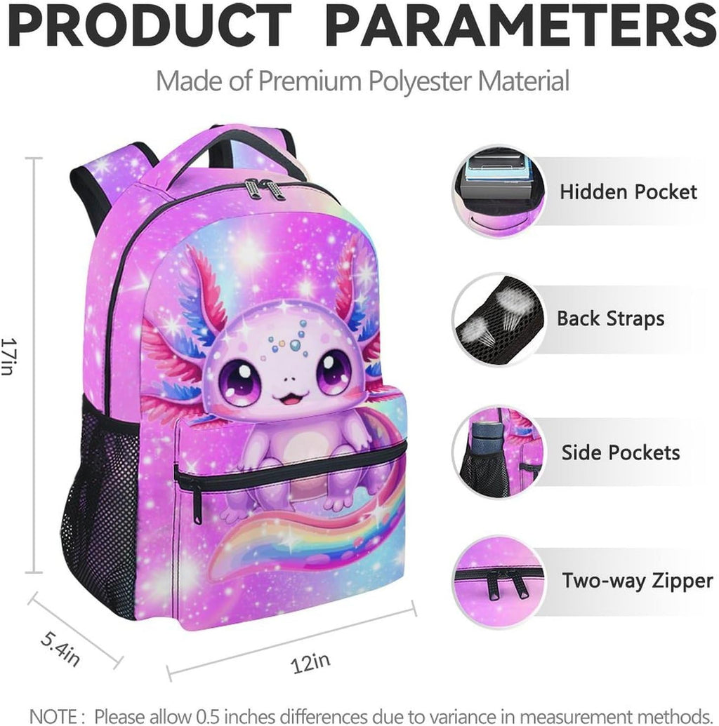 Axolotl Backpack for Girls, 17 Inch Kids Backpacks for Preschool, Cute Pink Large Capacity Toddler Bookbag for
