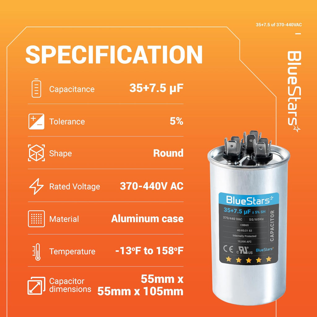 BlueStars 35+7.5 uF MFD 370-440V AC Dual Run Capacitor CBB65B