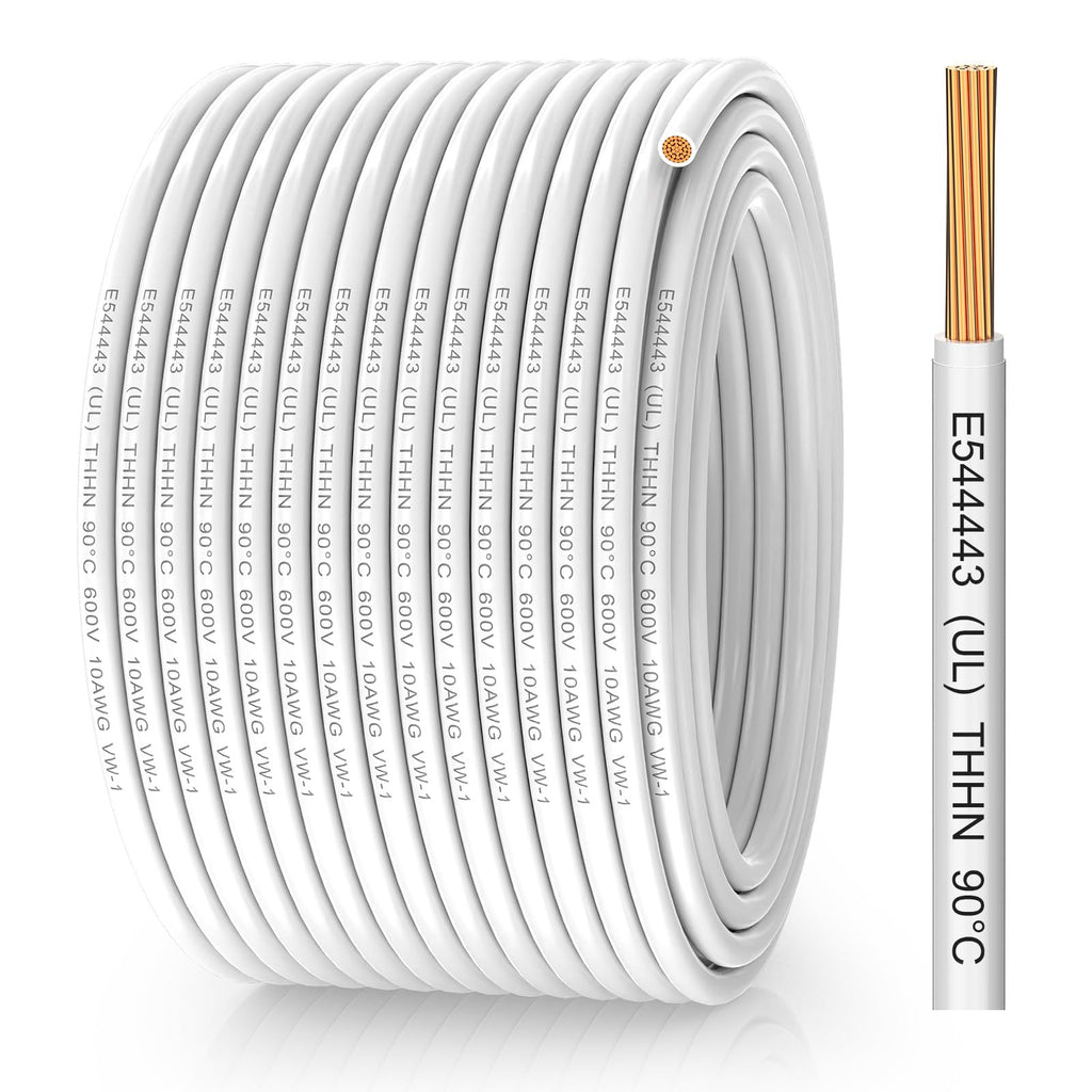 WotyWire 10 Gauge THHN Wire, Stranded Oxygen-Free Copper Wire, White, 100FT
