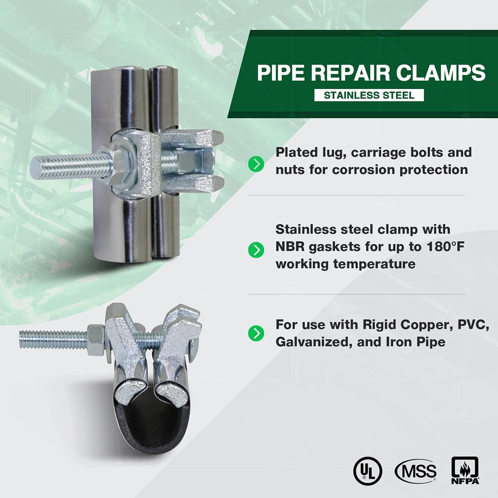 Highcraft Pipe Repair Clamp 1/2, IPS Single Bolt, 3” Long, Stainless Steel (5 Pack)