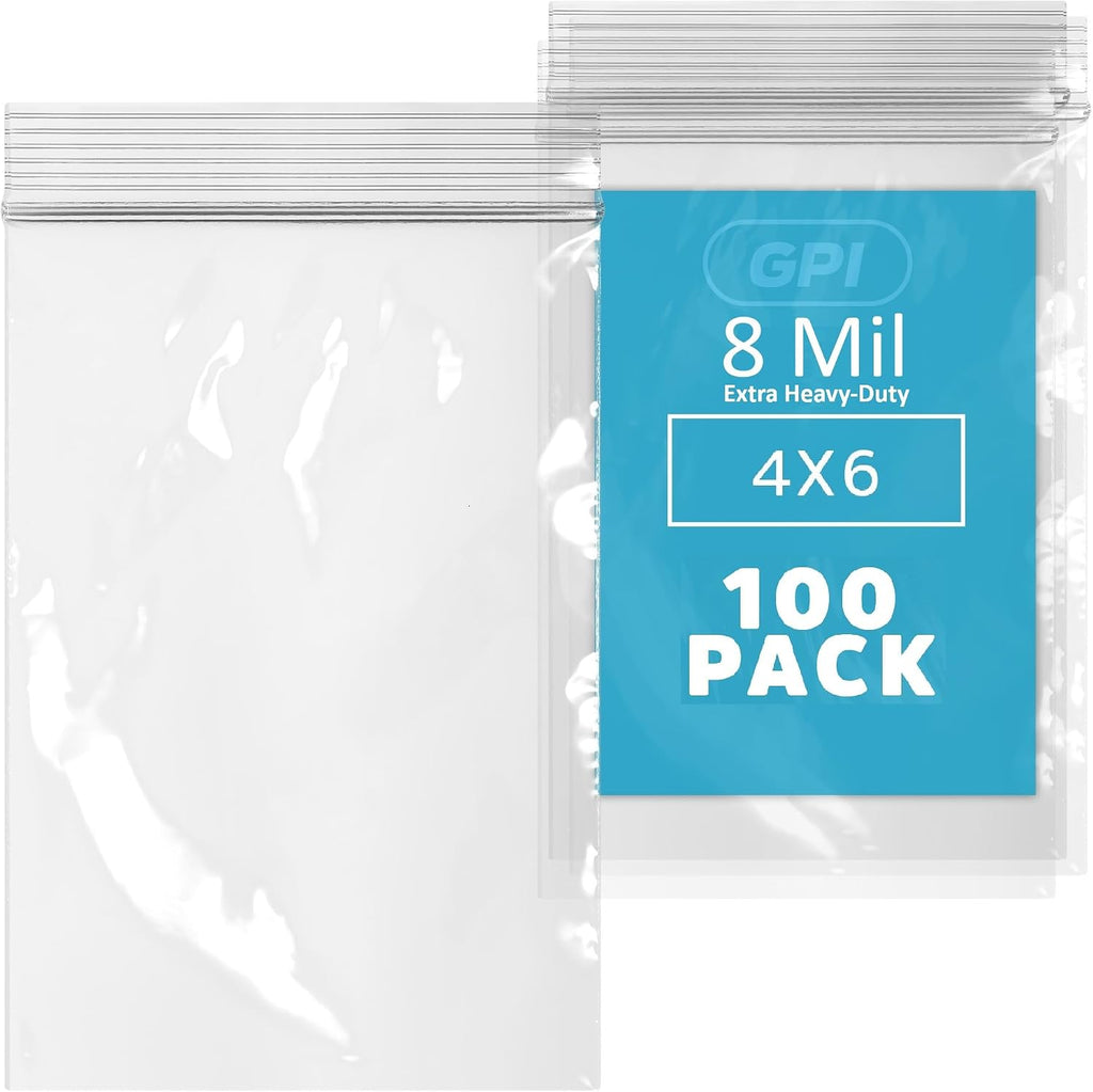 4" x 6" Zip Bags, 100 Pack, 8 Mil Extra Heavy Duty, Reclosable, GPI