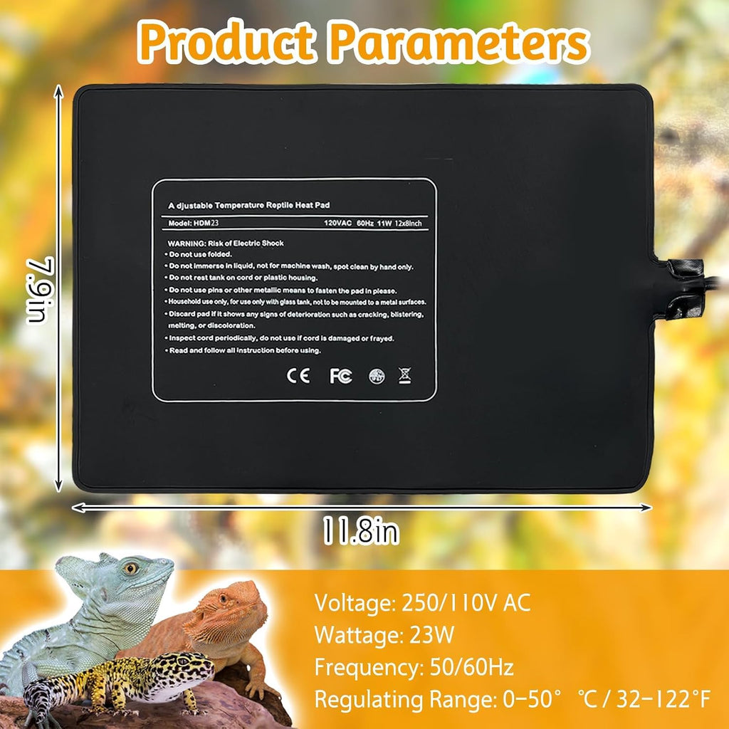 Reptile Heating Pad 23W, Waterproof Under Tank Heater Mat 8x12 Inch for 30-40 Gallon Terrariums, Safe Heat Mat for