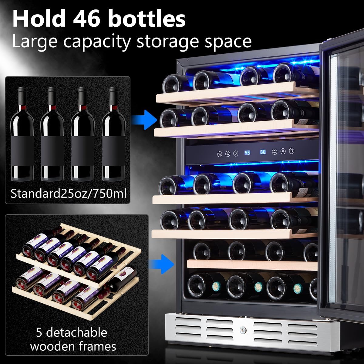 24 inch Wine Cooler, 37 Bottle Dual Zone Built-in or Freestanding