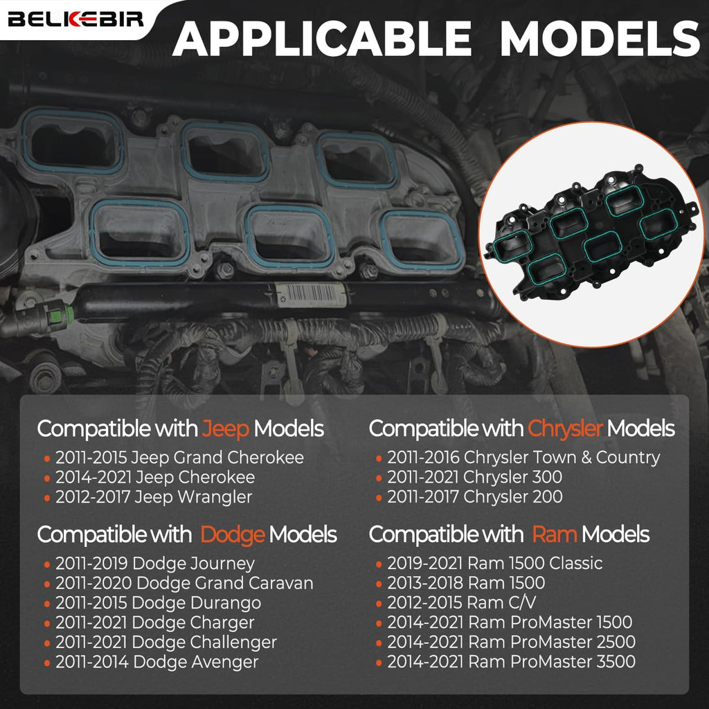 Lower Intake Manifold with Gasket Compatible with 2011-2021 Dodge Charger Challenger Durango Jeep Wrangler Grand Cherokee RAM 1500 ProMaster Chrysler 200 300 Town & Country 3.6L V6 Replace 05184199AF