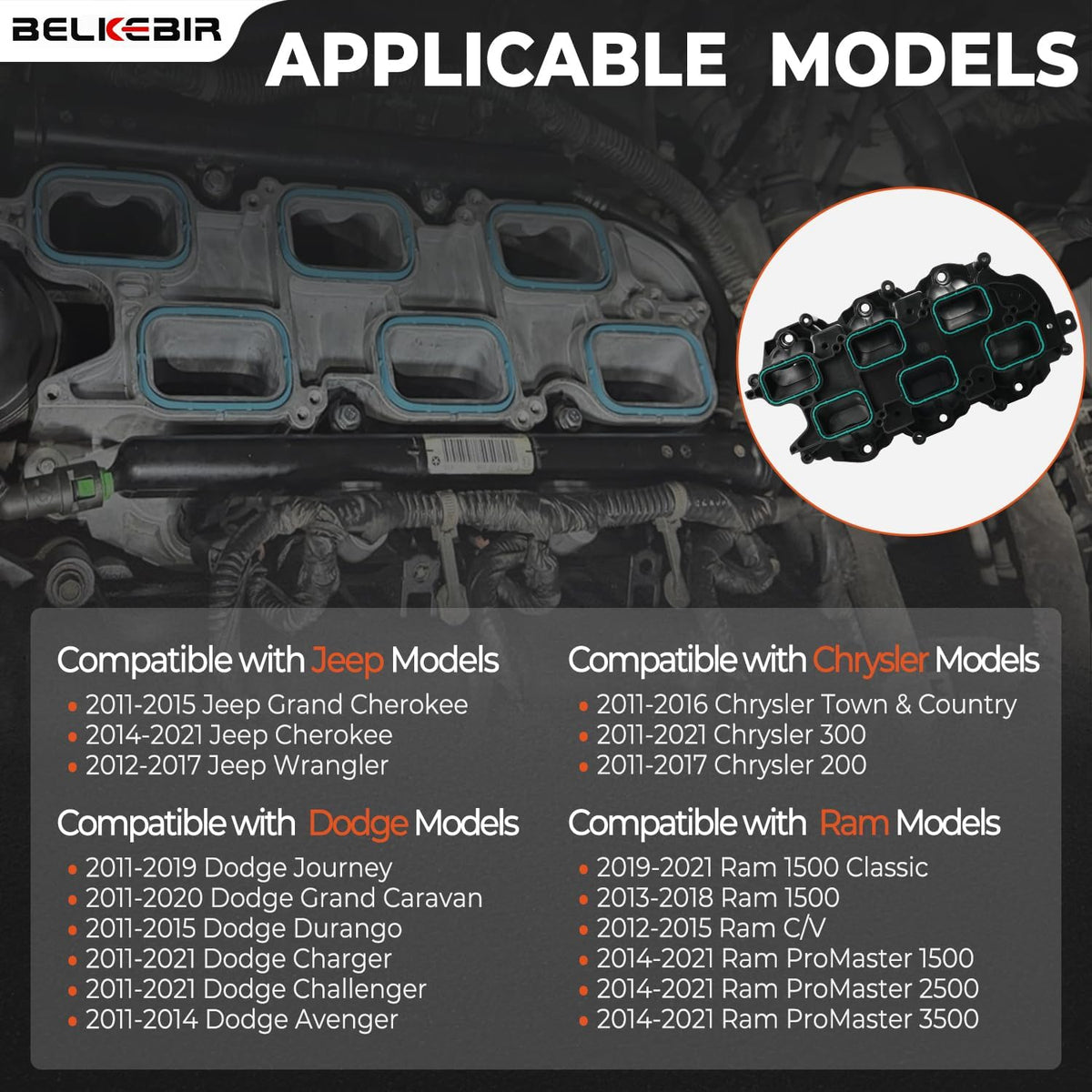 Lower Intake Manifold with Gasket Compatible with 2011-2021 Dodge Charger Challenger Durango Jeep Wrangler Grand Cherokee RAM 1500 ProMaster Chrysler 200 300 Town & Country 3.6L V6 Replace 05184199AF