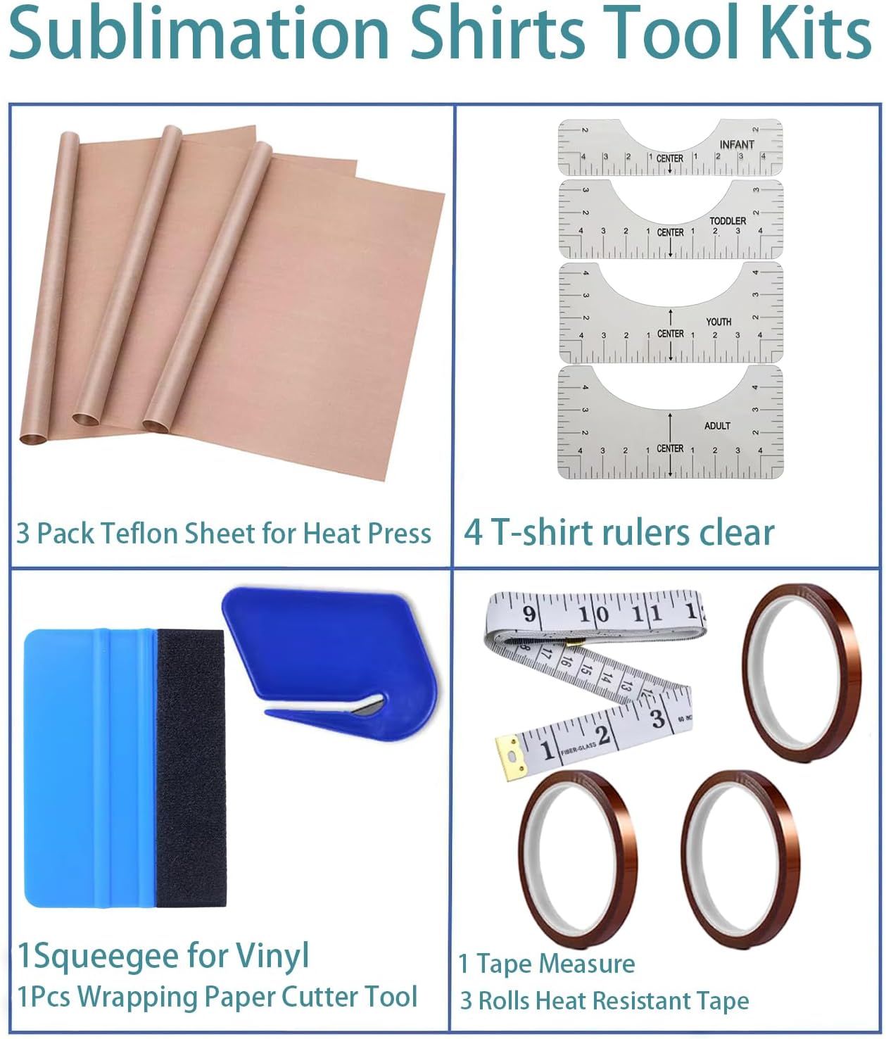 Sublimation Shirts Tool Kits - 4 T Shirt Rulers, 3 Pack Teflon Sheet for Heat Press 12 x 16in - 2 Rolls Heat