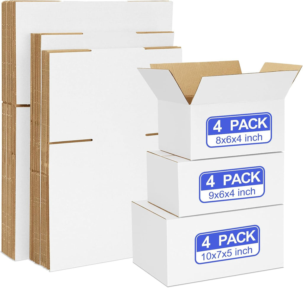 12 Pack Small Shipping Boxes Assorted Sizes, 8x6x4 & 9x6x4 & 10x7x5 4 PCS Each Small Boxes, White Corrugated Box