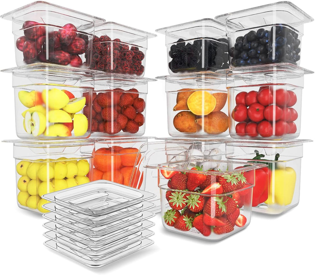 12-Pack NSF Polycarbonate Food Pans with Lids.1/6 Size.6 Deep,Clear