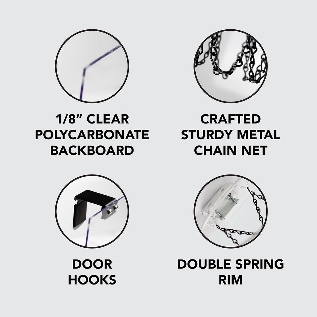 Clear Backboard MINI Basketball Hoop Set with White Rim and Metal Chain Net, Includes Door Hooks, Ball, Pump, 9-inch