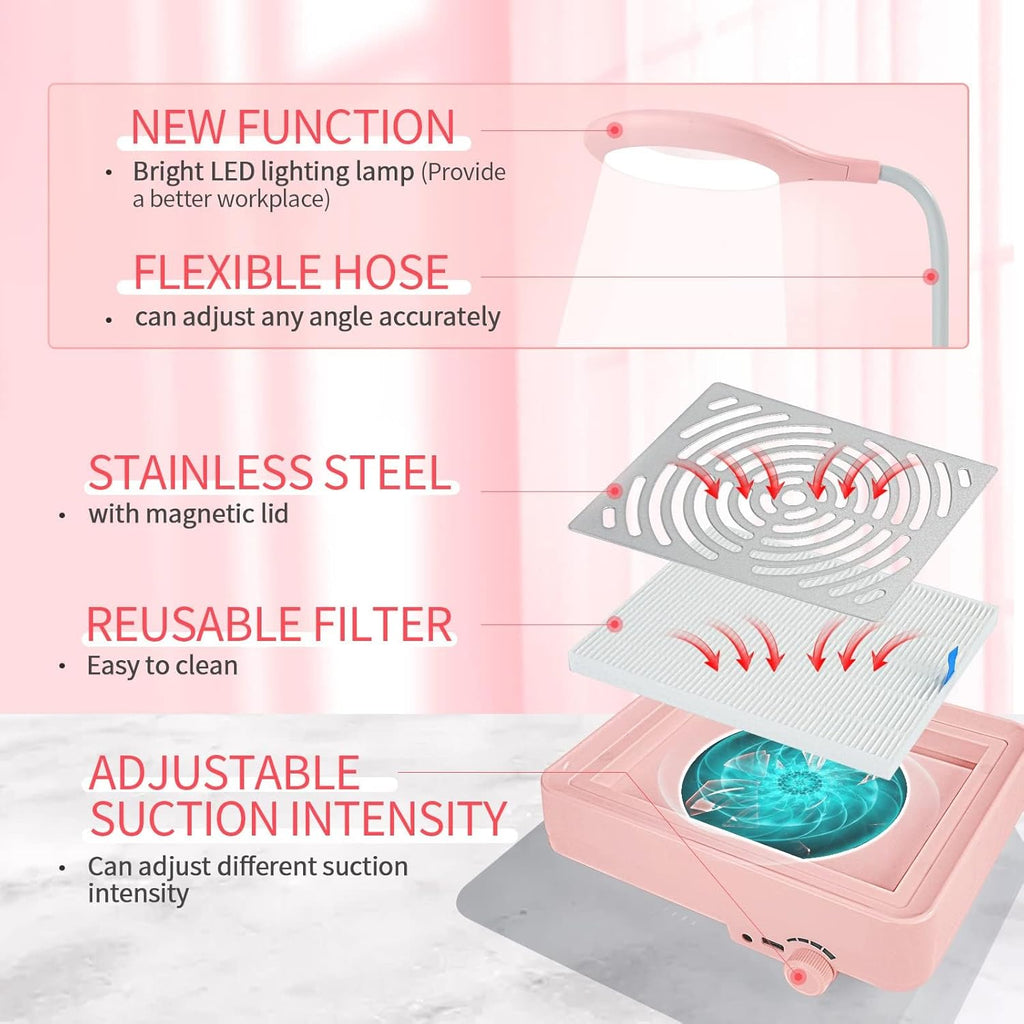 Professional Nail Dust Collector 40W Vacuum with Lamp for Salon | Low noise, Reusable filter, Strong vacuum fan, Dust