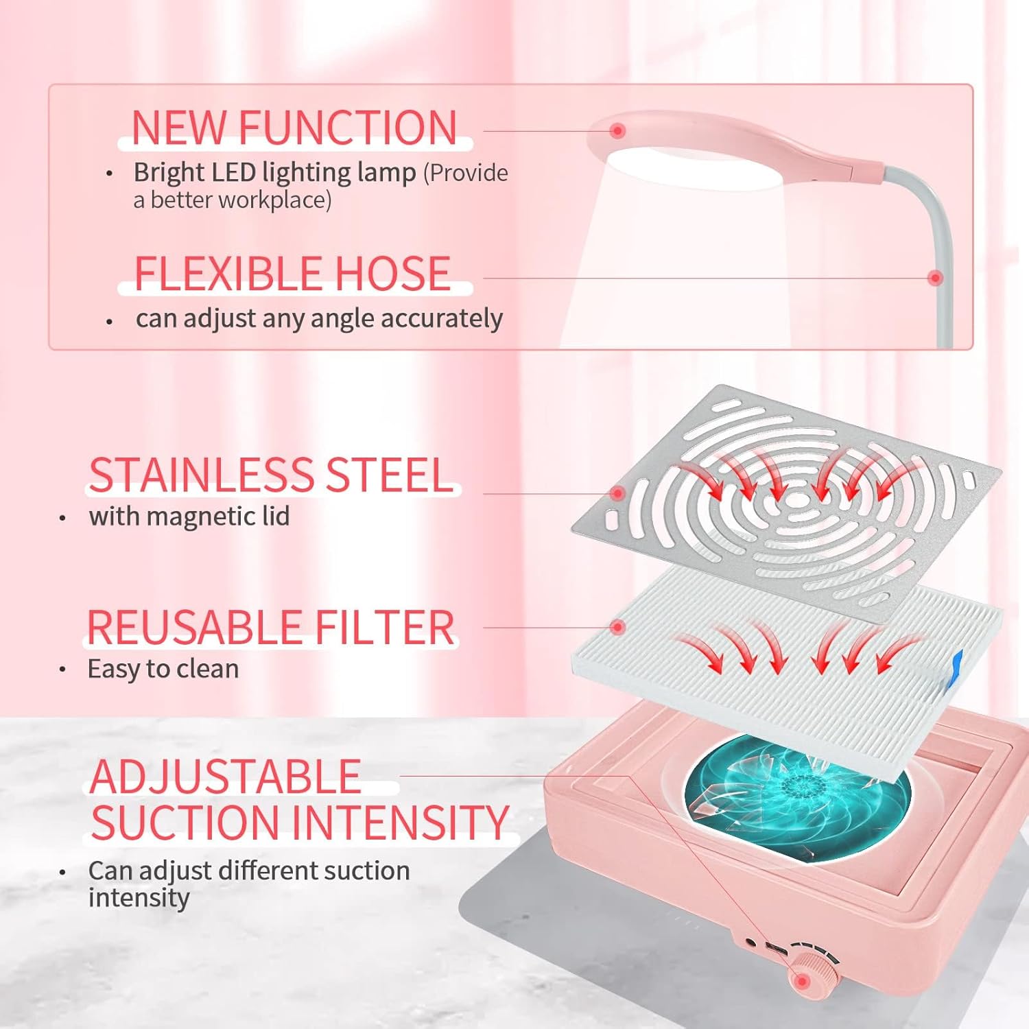 Professional Nail Dust Collector 40W Vacuum with Lamp for Salon | Low noise, Reusable filter, Strong vacuum fan, Dust