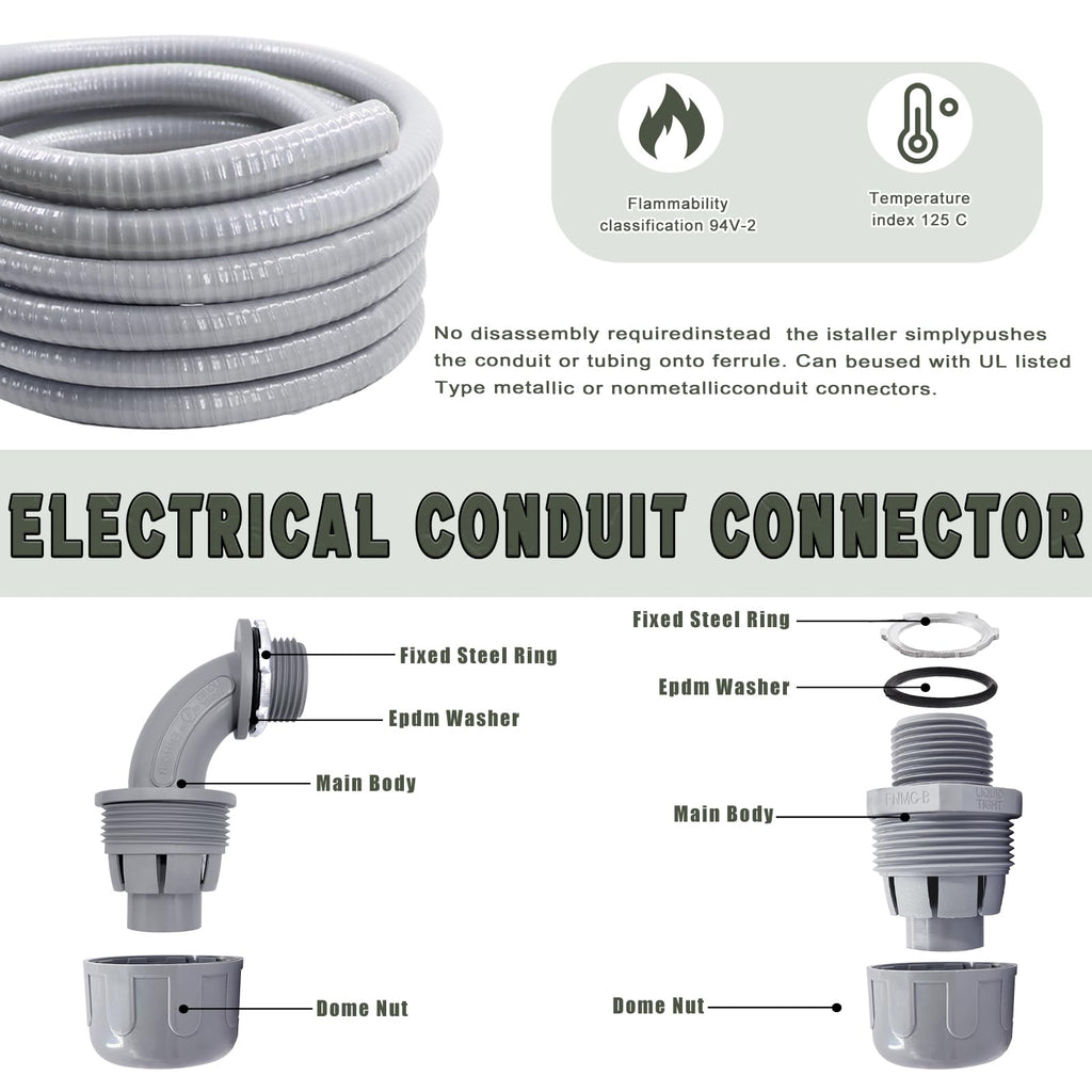 Feotech Liquid-Tight Conduit and Connector Kit - 1/2 Inch 15 FT Non Metallic Liquid Tight Electrical Conduit with 2 Straight and 2 Angle Fittings
