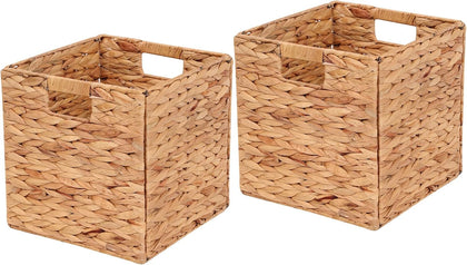Water Hyacinth Storage Baskets 11x11x11 Inch Wicker Storage Cubes Set of 2Baskets,Handwoven Foldable Wicker Cubes