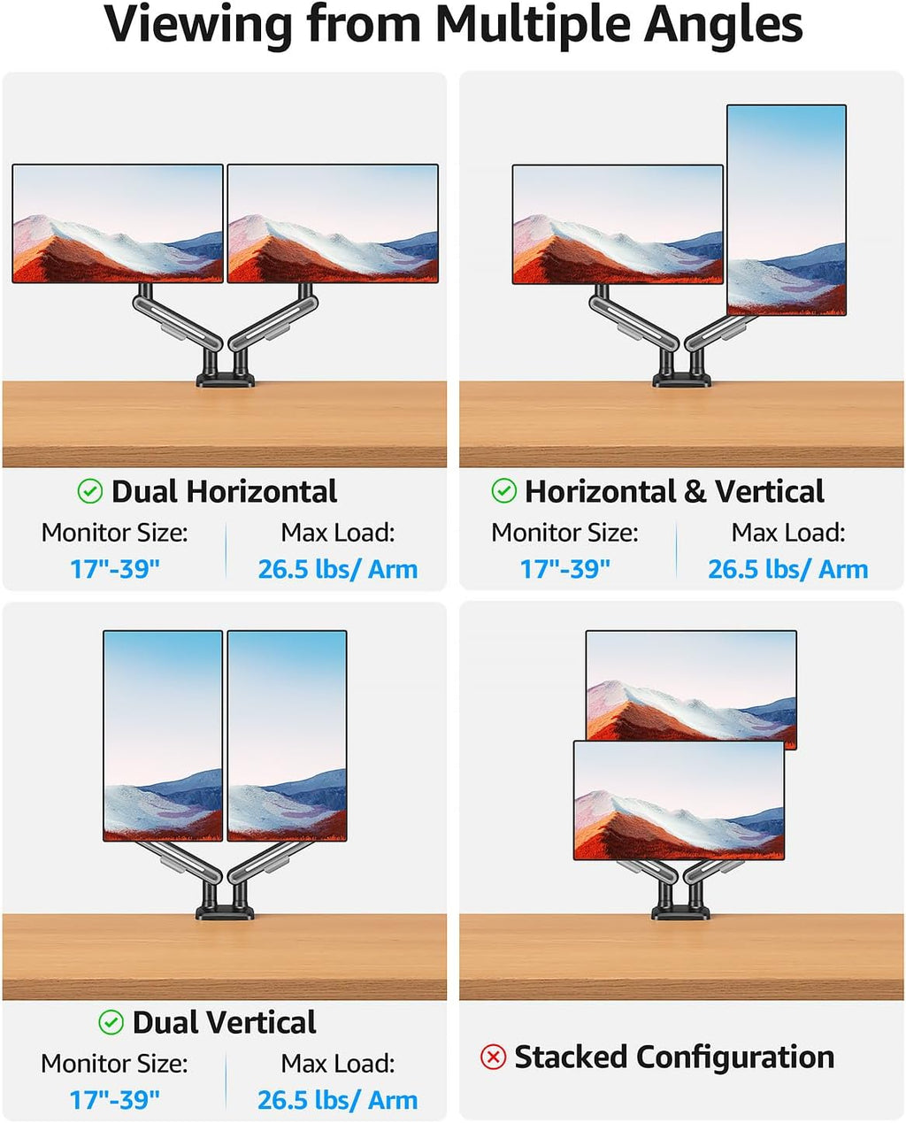 Dual Monitor Mount, Heavy Duty Monitors Arm | Holds 4.4-26.5lbs, Monitors Arm for 39 37 34 32 27inch, Height