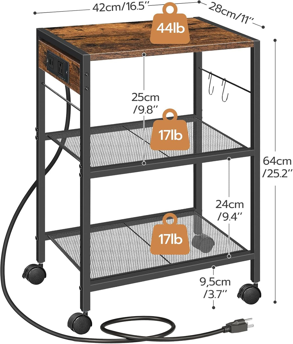 Industrial Printer Stand, 3-Tier Mobile Printer Table, Rolling Cart with Power Outlets and USB Ports, Home Printer