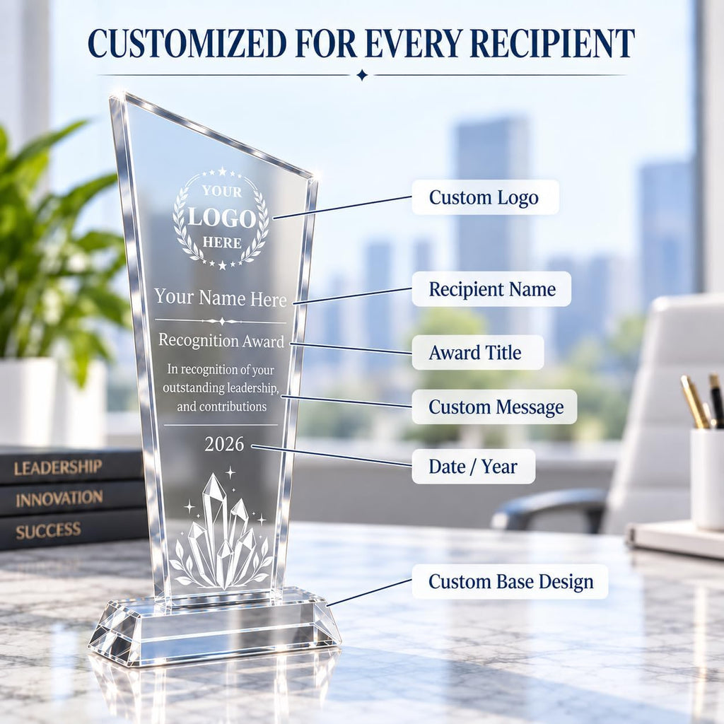 Personalized K9 Crystal Trophy Award with Logo Photo Text, Custom Employee Recognition Plaque for Corporate