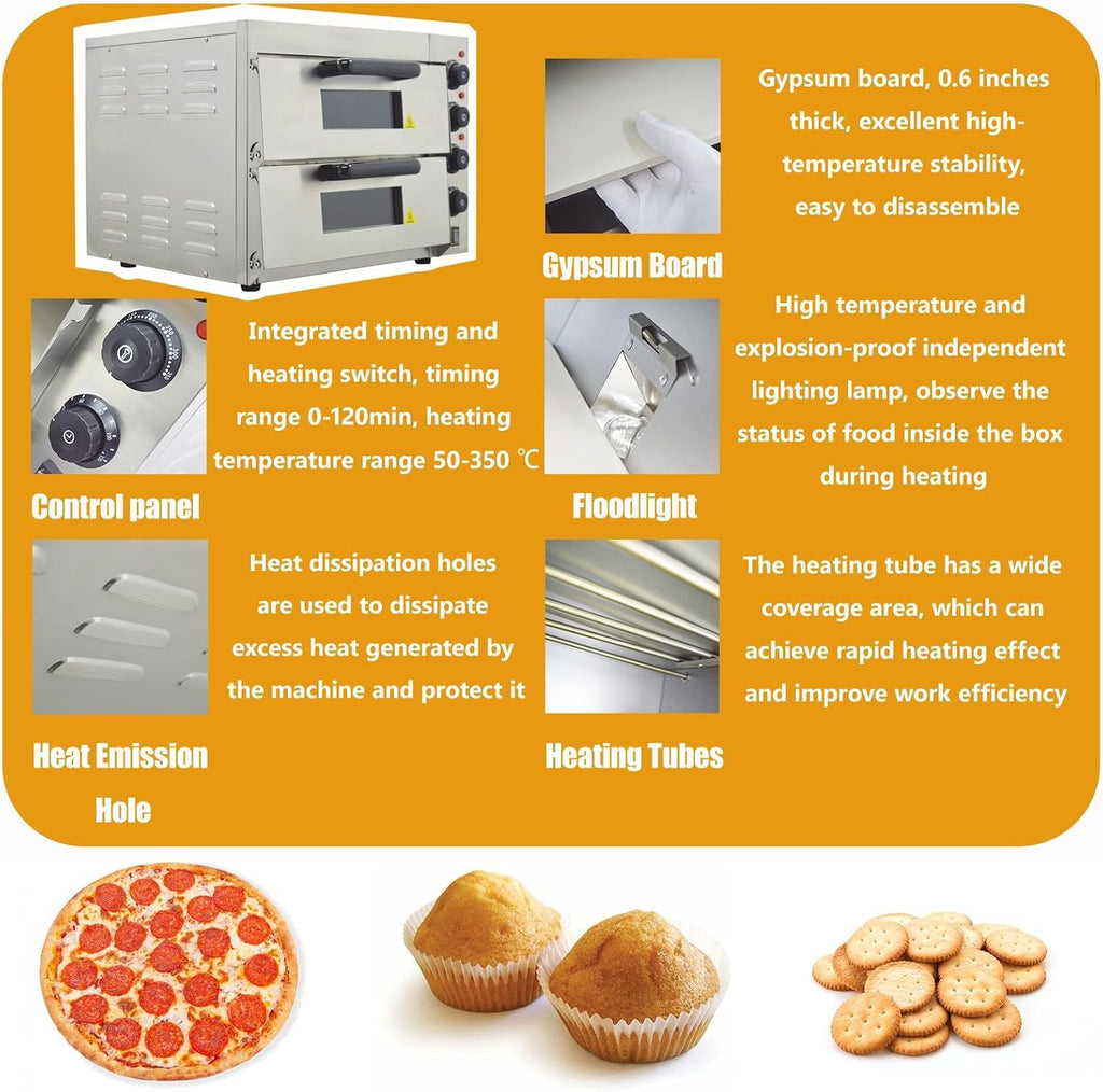 220V Commercial Pizza Oven Double-decker Electric Countertop 16” Pizza Baking Machine 3KW Stainless Steel Portable