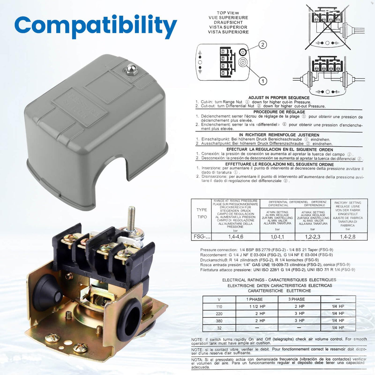 Pressure Switch for Well Pump, 40-60Psi, 1/4" Female NPT