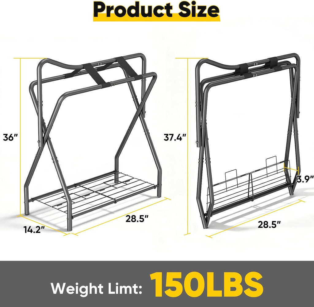 Horse Saddle Rack for English Saddle, Foldable Saddle Stand with Bottom Storage for Horse Tack, Saddle Pad Rack for
