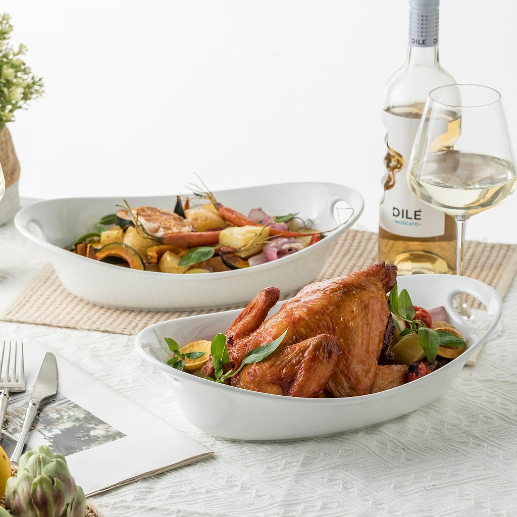 Large Serving Bowl with Handles, Oval Serving Platter Set of 2