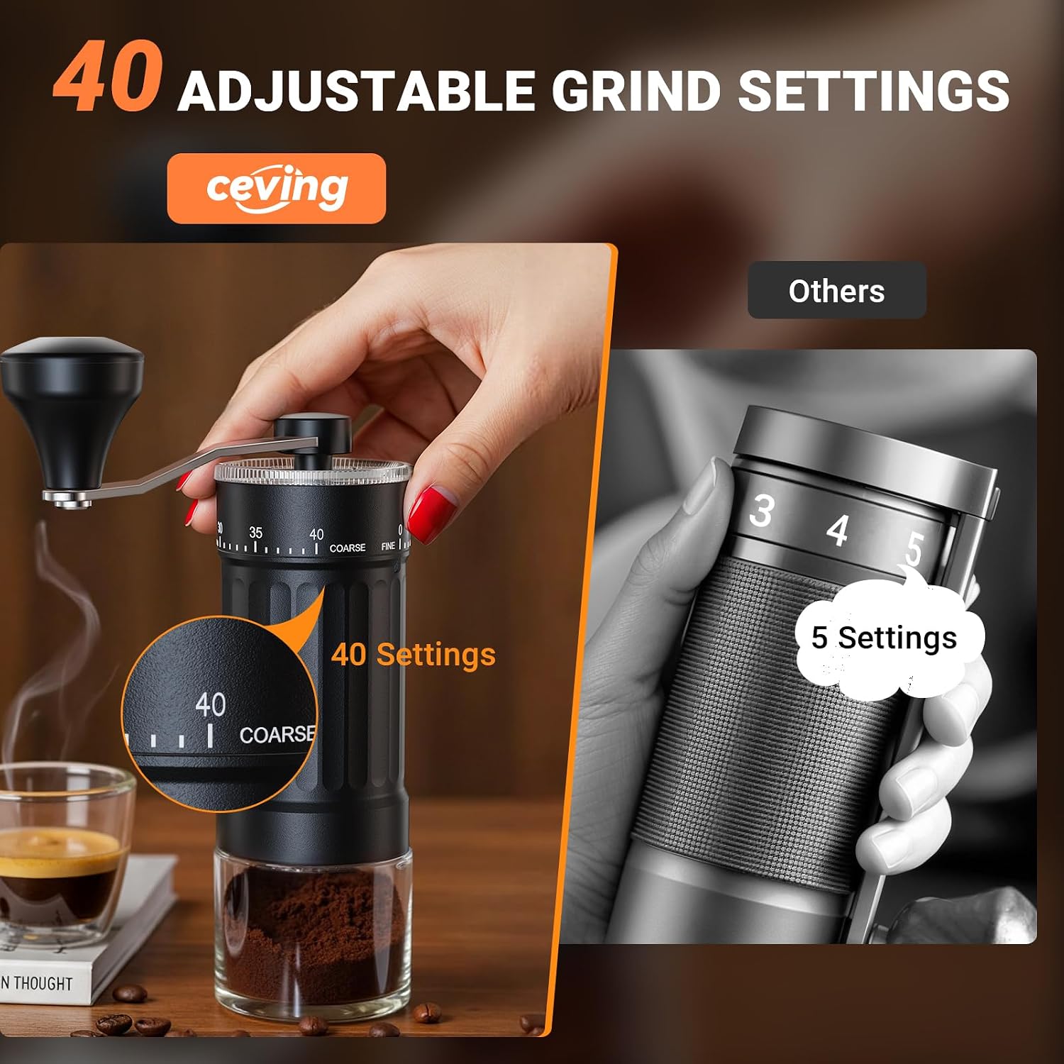 Mini Manual Coffee Grinder With 40 Adjustable Settings, Black | Portable Hand Coffee Bean Mill with Ceramic Conical