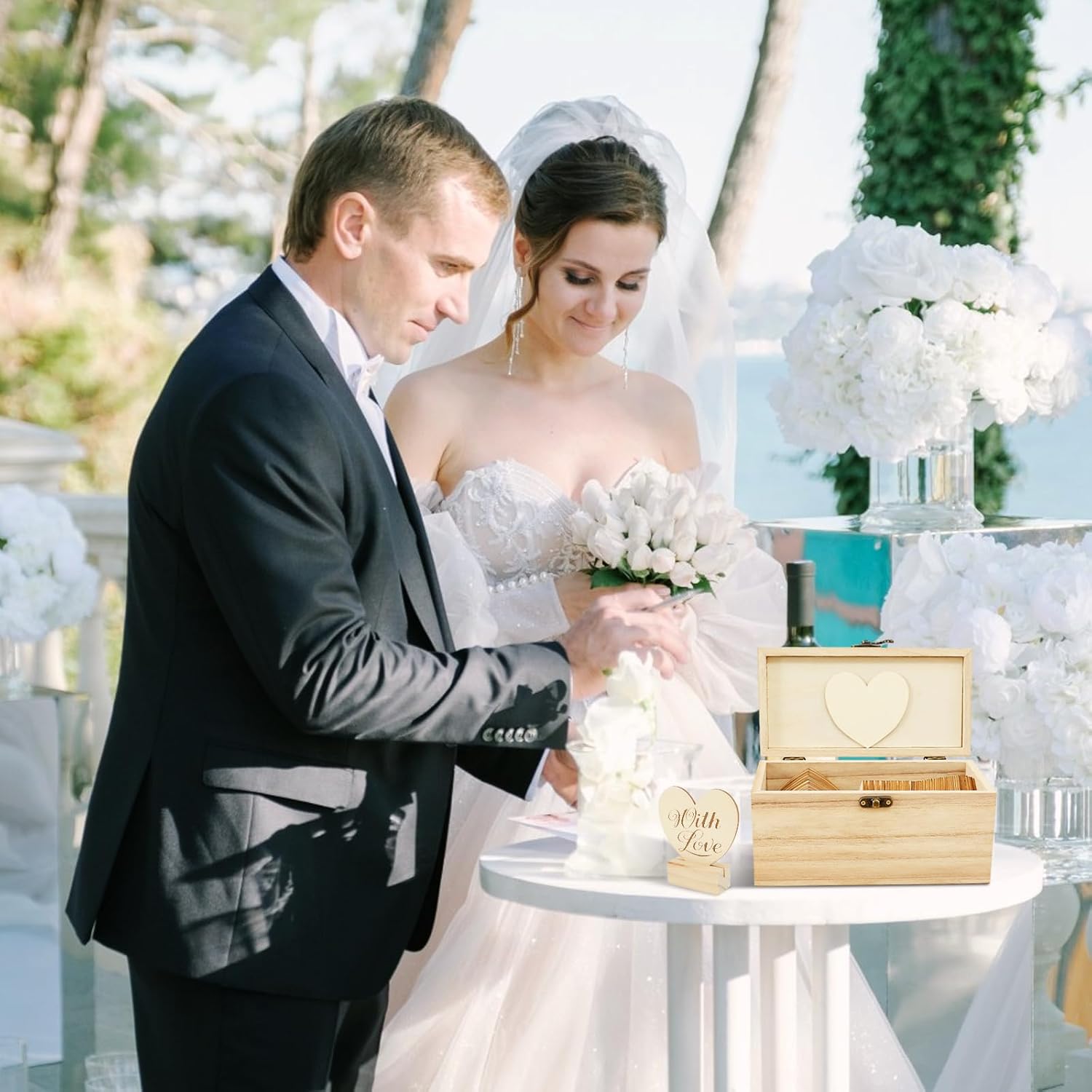 Wedding Guest Book Alternative Set with 100 Wooden Hearts Heart Sign Stand and 4 Adhesive Wedding Guest Book