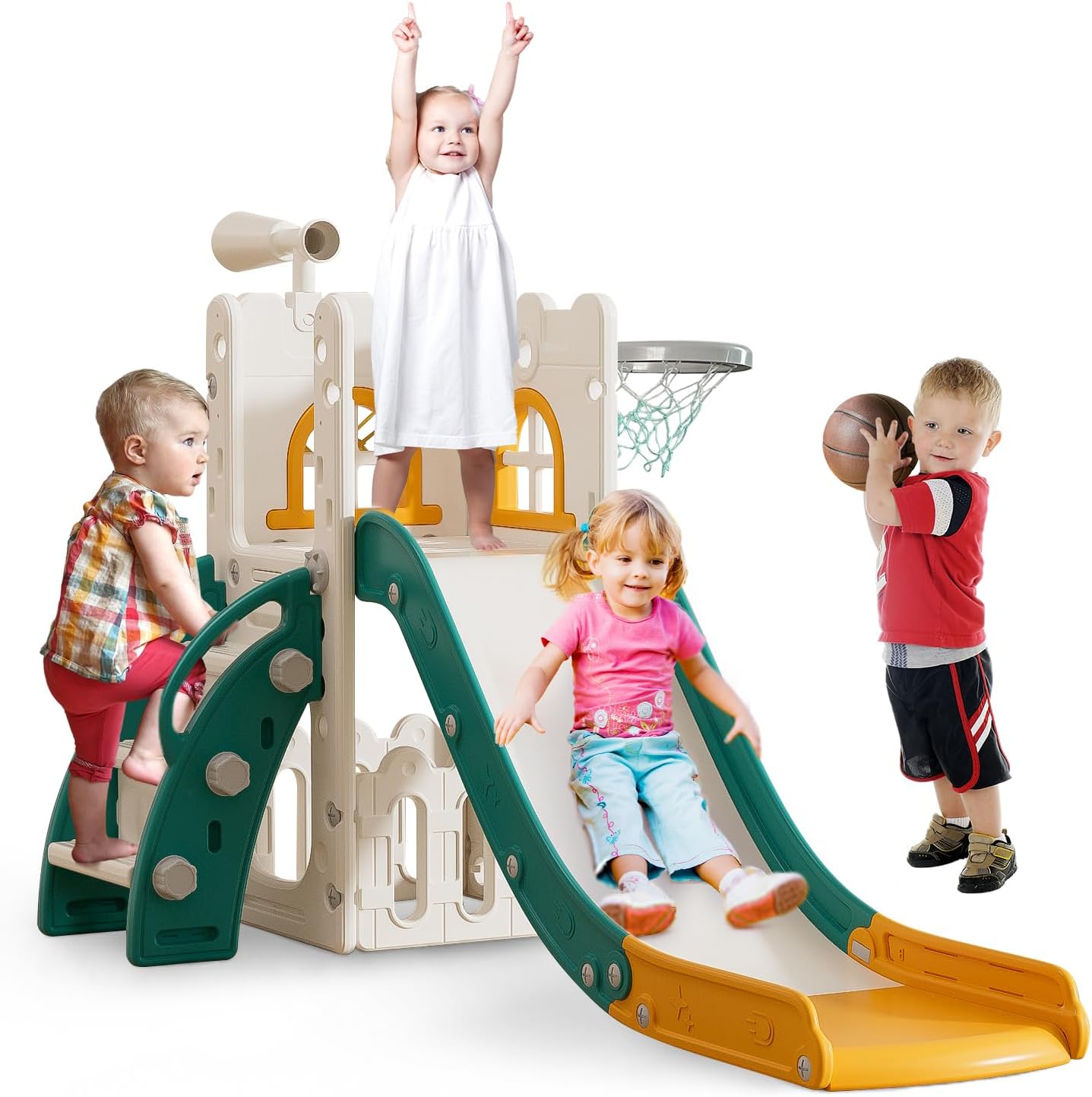 Toddler Slide for Kids with Climber Basketball Hoop, Storage Space, Telescope Kids Indoor Slide Baby Slide for