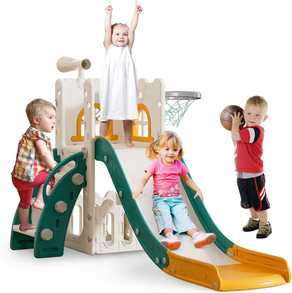 Toddler Slide for Kids with Climber Basketball Hoop, Storage Space, Telescope Kids Indoor Slide Baby Slide for