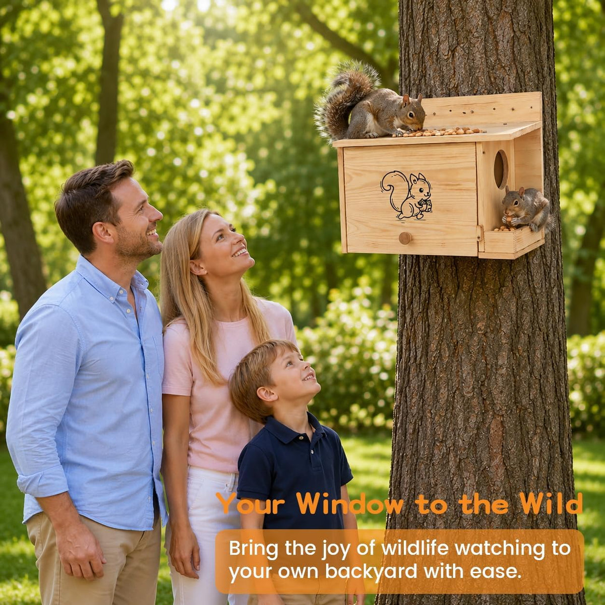 2-in-1 Squirrel House with External Feeder, Carbonized Pine Wood