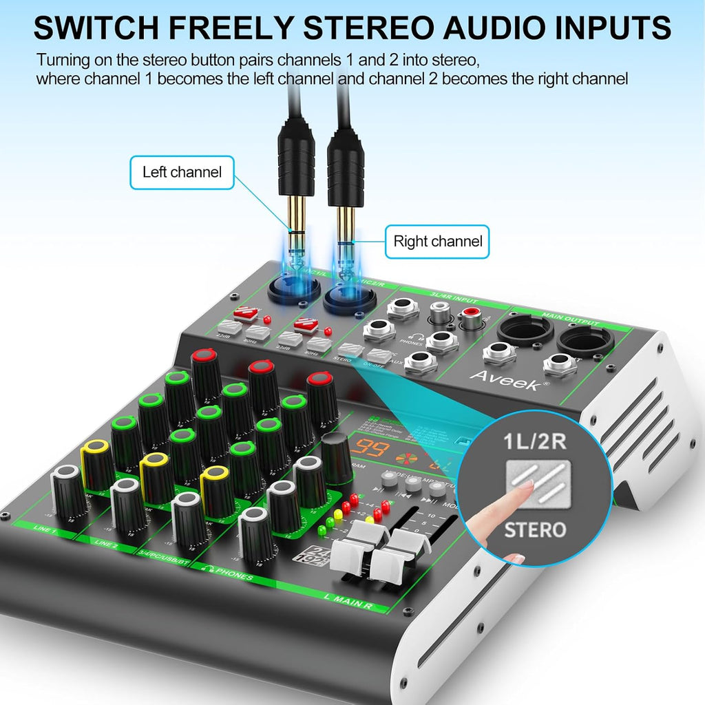 Audio Mixer, 4 Channel Mixer with Bluetooth and USB Recording | DJ Mixing Console with 99 DSP Effects, 48V Phantom