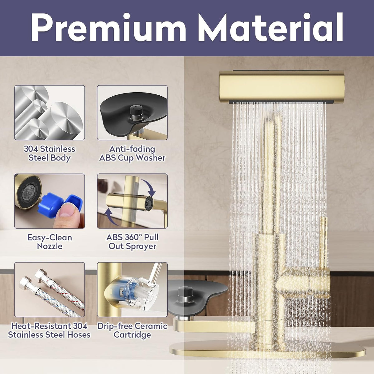 Brushed Gold Kitchen Faucet with Pull Down Sprayer & Cup Washer